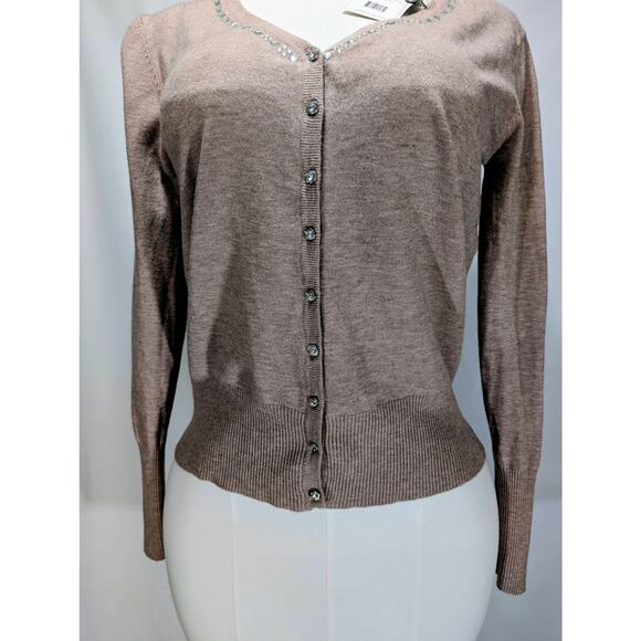 Sioni Heather Latte Wool Blend Beaded Button Cardigan Sweater Size M NWT - Picture 2 of 8